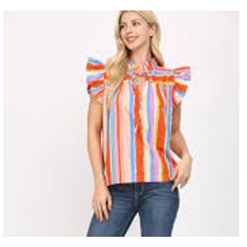 Fate Ruffle Striped Blouse Top, 100% Cotton, Boho, Sexy, Coquette, Womens Sz S